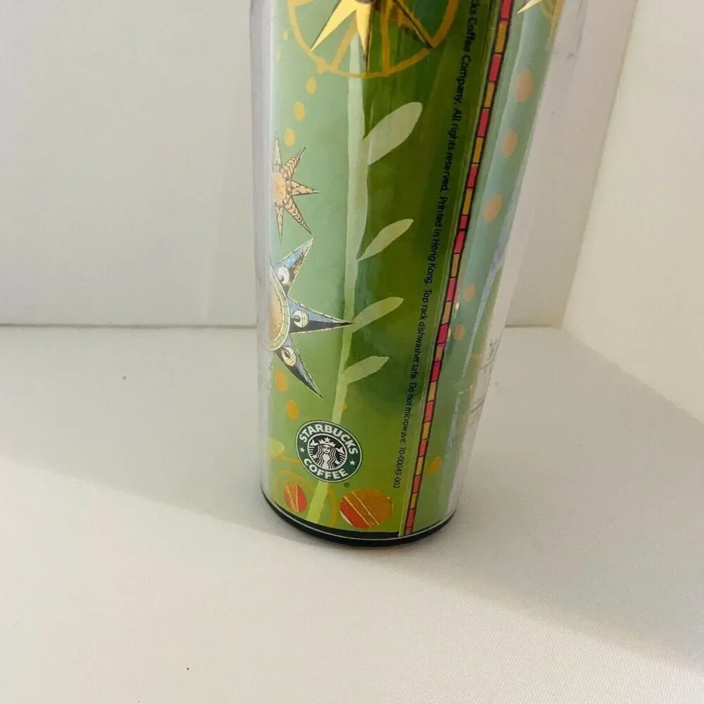 #3471 Starbucks Green Metallic Gold Sun Moon Star Hot Cold Cup Tumbler 16 oz wit